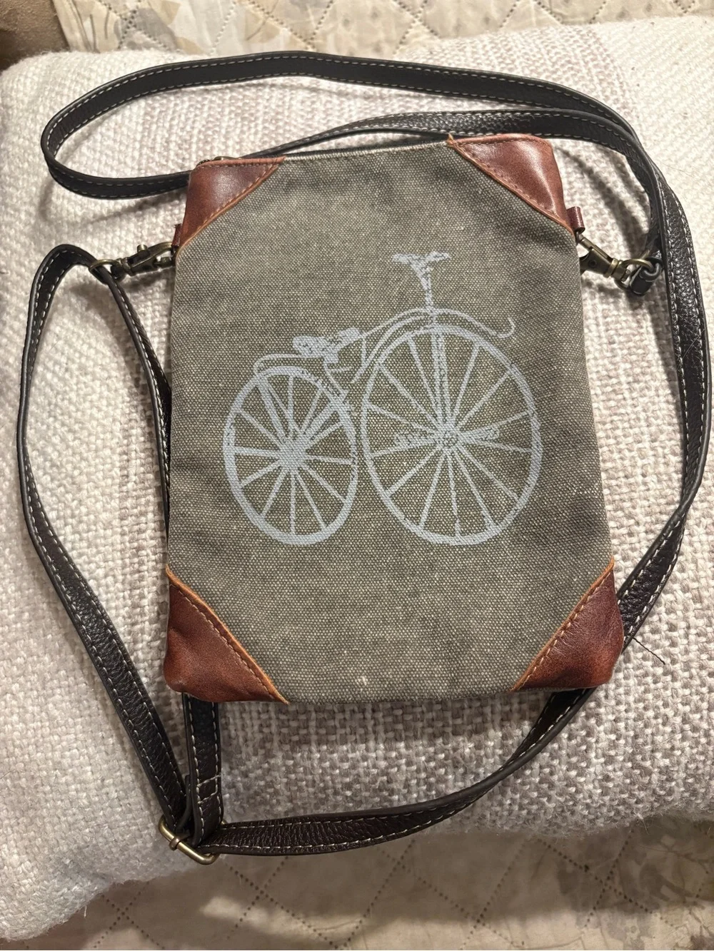 Mona B. Canvas Crossbody Bag with Bicycle Graphic – grayish Olive Green